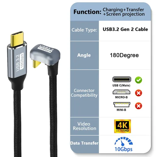 Vista 2 de GELRHONR Cable de carga rápida USB C en forma de U, cable USB 3.2 Gen 2 en ángulo de 180 grados, cable de carga tipo C macho a macho PD100W, 10Gbps