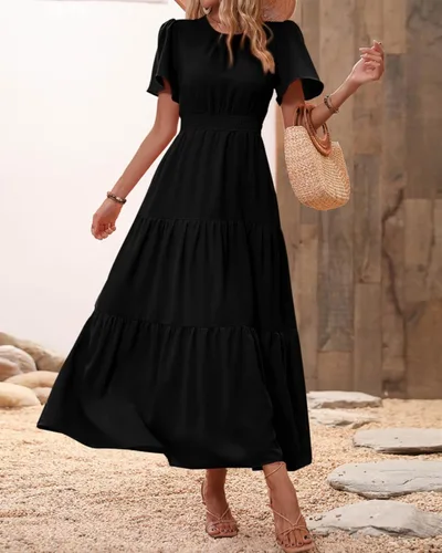 Vista 3 de PRETTYGARDEN - Vestido largo casual de verano para mujer, manga corta, con vuelo, cuello redondo, cintura fruncida, escalonado, bohemio, floral