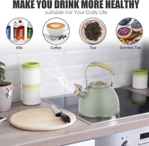 Vista 4 de Tetera de 3.0 cuartos de galón para estufa, tetera de acero inoxidable, hervidor de agua de grado alimenticio con mango de madera para café, té