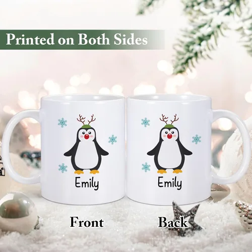 Vista 2 de Taza de Navidad personalizada con nombre para niños, taza de chocolate caliente, taza de Navidad de pingüino, taza de té de cerámica de 11 onzas
