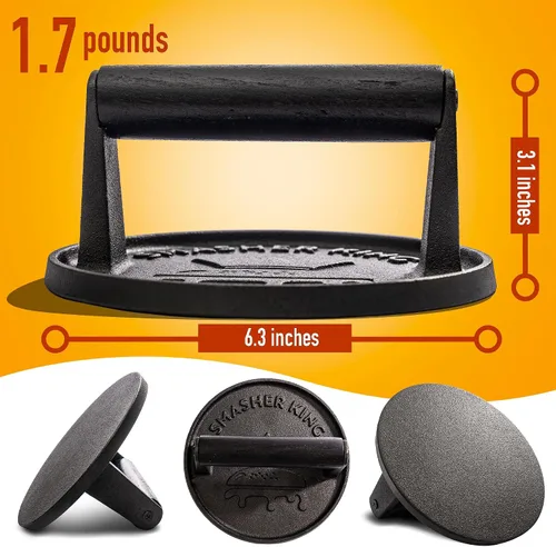 Vista 4 de SMASHER KING™ - Prensa de hamburguesa premium de hierro fundido con 25 piezas de papel para hamburguesas, prensa de hamburguesas para plancha