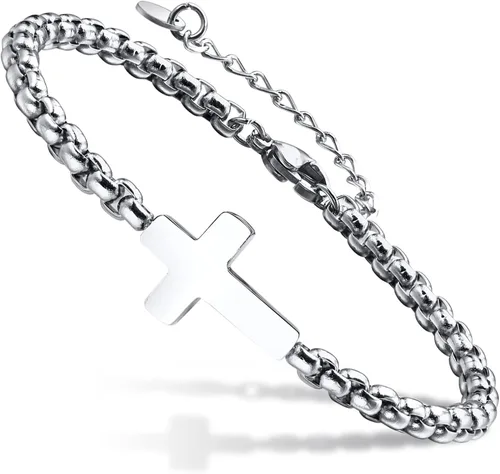 Vista 9 de Pulseras de cadena cruz para hombres y mujeres, pulseras de encantos de cruz de acero inoxidable plateado/negro para hombres, joyería de fe