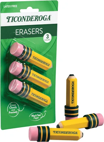 Vista 4 de TICONDEROGA ® Gomas de borrar, en forma de lápiz, amarillo, 3 ct (38953) Amarillo, 0.75" x 2.875", #38953