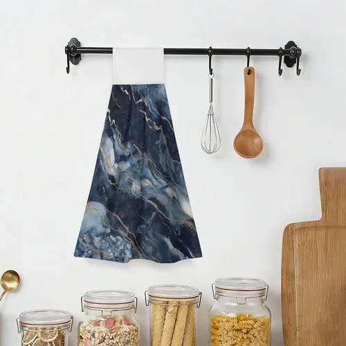 Vista 6 de Marble Navy Blue Mixed Hand Towels Set of 2, Absorbent Hanging Kitchen Towels Microfiber Fast Drying Dish Towel Wash Cloth for Home Decor