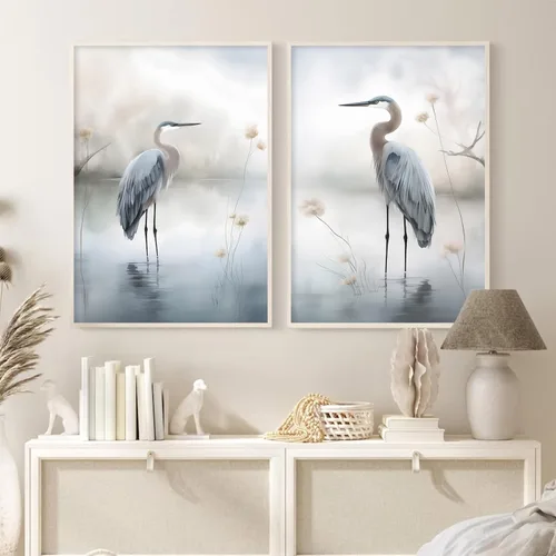 Vista 2 de BACKYMRJCART Arte abstracto de garza blanca para pared, cuadro de grulla, arte de pared para dormitorio, arte en lienzo de gran garza azul, póster