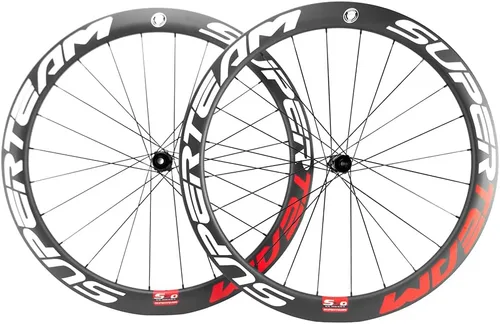 Vista 2 de SUPERTEAM Juego de ruedas de disco de carbono 50C-25 700c Clincher Center Lock Thru Axle blanco y rojo