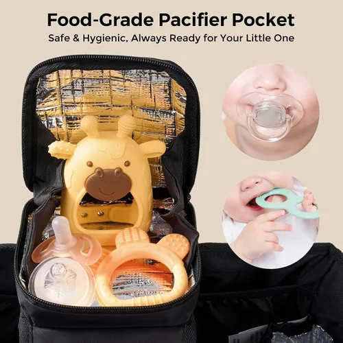 Vista 3 de Momcozy Organizador de Cochecito Extra Grande Max con Bolsa de Chupete de Grado Alimentario 2 Portavasos Aislados Correas Antideslizantes