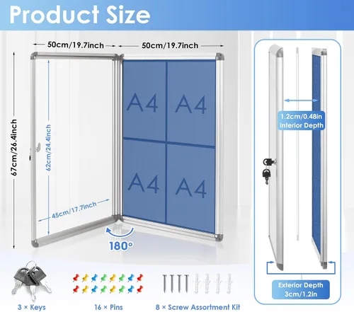Vista 2 de SWANCROWN - Tablero de anuncios con cerradura a prueba de manipulaciones y cerrado para hogar, oficina y escuela, montado en la pared, de tela azul