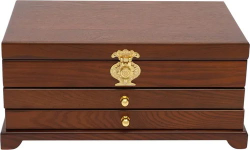 Vista 4 de Wooden Jewelry Box for Women 3-Tier Jewelry Organizer Box Dark Brown
