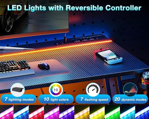Vista 4 de MOTPK Escritorio para juegos de 55 pulgadas con luces LED y toma de corriente, escritorio de computadora para espacios pequeños, mesa