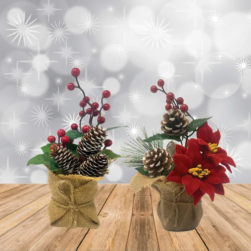 Vista 9 de BANBERRY DESIGNS Juego de 2 centros de mesa navideños para mesas, arreglos de mesa navideños con piñas, bayas rojas y vegetación, plantas rústicas