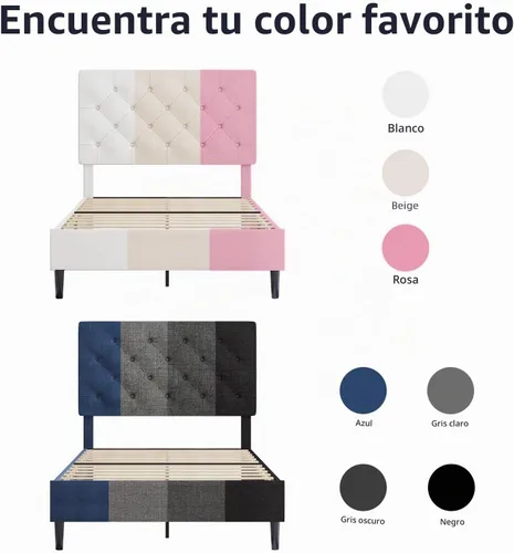 Vista 8 de BarnFurin Marco de Cama Twin, Cama Plataforma Tapizada con Cabecera con Botones Capitoné, Marco de Cama de Tela con Soporte de Listones de Madera