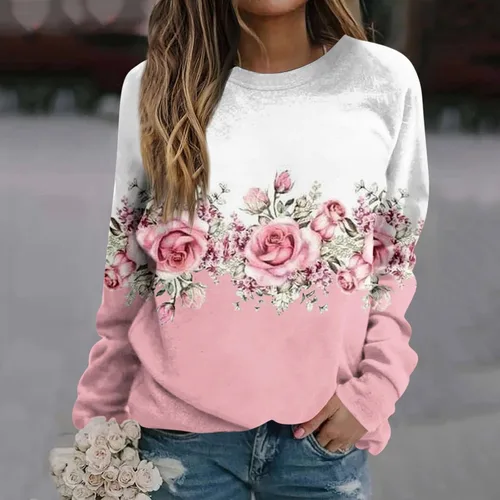 Vista 4 de Sudadera de gran tamaño para mujer, con bonito estampado floral, cuello redondo, holgada, cómoda, de manga larga