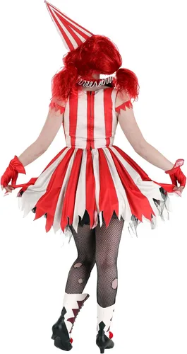 Vista 4 de Disfraz de payaso de circo siniestro para mujer, disfraz de payaso aterrador rojo, vestido de payaso aterrador