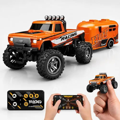 Vista 9 de Mini camión monstruo de control remoto a escala 1:64 con remolque 2.4 GHz y control dual de aplicación, mini auto RC de aleación con luces LED Azul