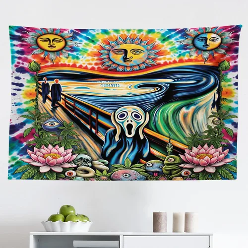 Vista 157 de Ambesonne Tapiz verde, fases lunares alrededor de un árbol de la vida, impresión de diseño bohemio de astrología nocturna, decoración de tela
