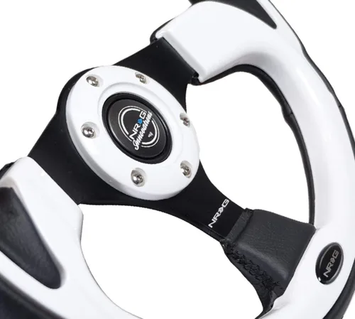 Vista 4 de NRG Innovations NRG-RST-001WT - Volante reforzado de 13.780 in de cuero deportivo de carreras (2.5 pulgadas de profundidad) agarre cómodo, radios