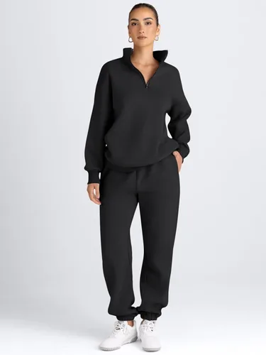 Vista 2 de AUTOMET Conjunto deportivo de 2 piezas para mujer, manga larga, media cremallera y pantalones deportivos holgados con bolsillos