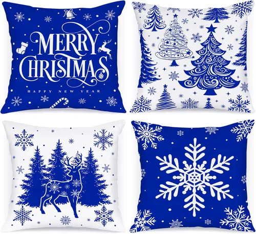 Vista 10 de Lanpn Juego de 4 fundas de almohada de Navidad negras de 12 x 12 pulgadas, fundas de almohada decorativas de invierno, cojín de árbol de Navidad