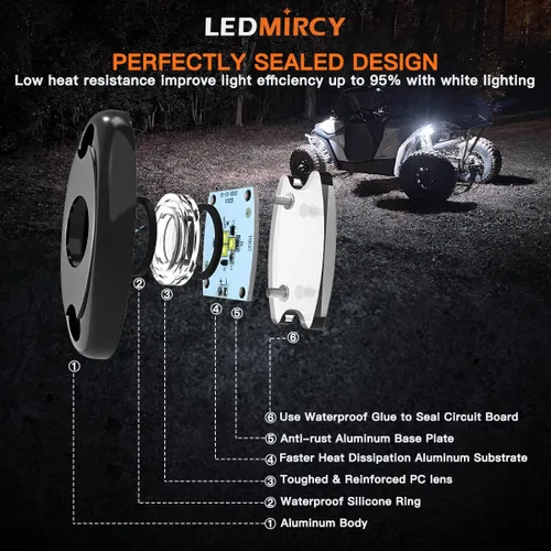 Vista 5 de LEDMIRCY Luces LED de roca, color blanco, 2 piezas para todoterreno, camiones, coches, barcos, ATV, SUV, RZR, impermeables, de alta potencia, luces