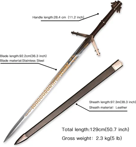 Vista 2 de Espada de acero plateado de Geralt de metal completo de 125cm48.8 pulgadas, acero inoxidable, espada plateada de lobo blanco Aerondight hecha a