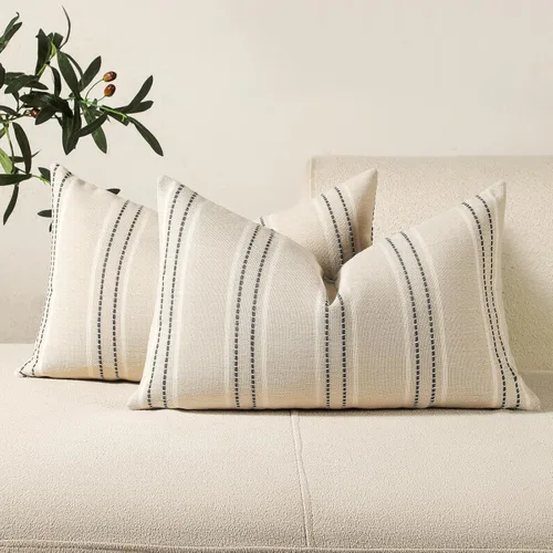 Vista 12 de Hckot Fundas de Almohadas Decorativas 16x16 Juego de 2 Fundas de Almohadas a Rayas de Lino Texturizado Almohadas Decorativas Fundas de Cojines