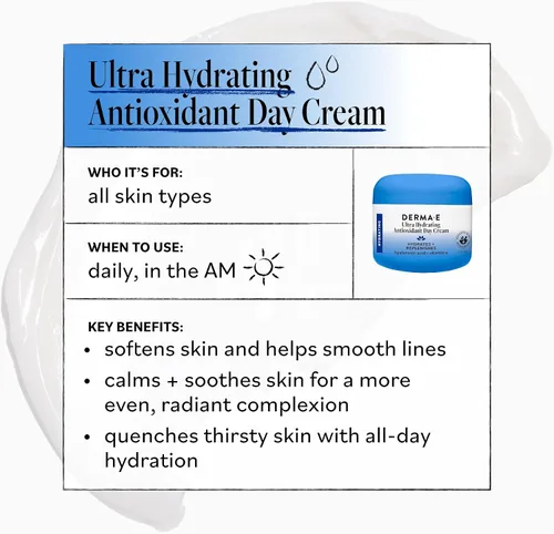 Vista 5 de Derma E Crema de día antioxidante ultra hidratante, hidratante facial con ácido hialurónico, escualano y ceramidas para suavizar y nutrir