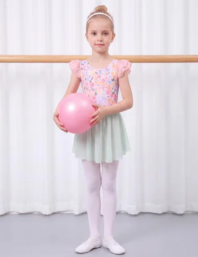 Vista 5 de Arshiner - Malla de ballet con mangas de volantes brillantes y falda con espalda cruzada para niñas Floral rosa aguamarina