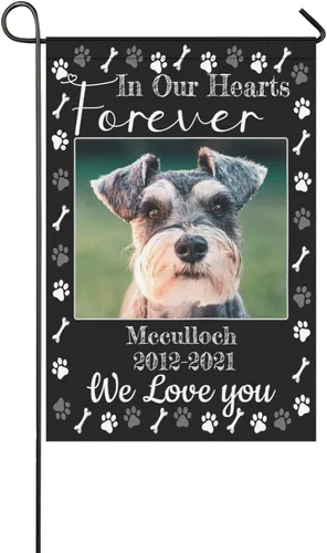 Vista 11 de Bandera conmemorativa personalizada, banderas de jardín personalizadas para mascotas y gatos, en memoria amorosa con nombre y foto, fecha para patio
