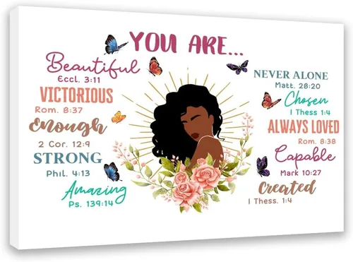 Vista 12 de Redland Art Decoración de Pared Motivacional para Niñas Negras en Lienzo Enmarcado Arte Cristiano Inspirador “Dios Dice Que Soy Yo” 29x37 cm