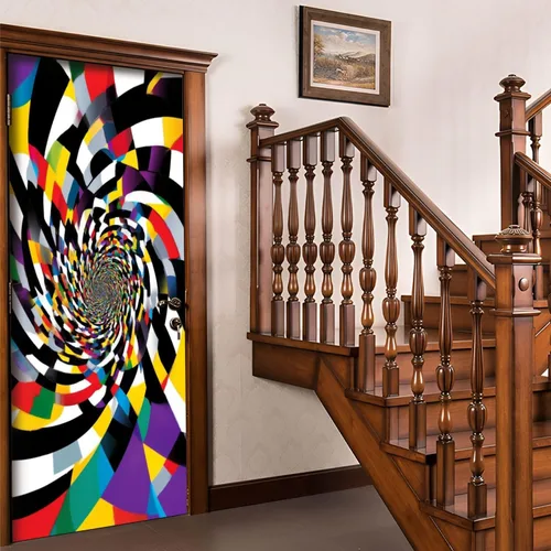 Vista 5 de Calcomanías para puerta, arte de pared 3D con mareos, color blanco y negro, colores primarios, murales, papel tapiz autoadhesivo para puerta, póster