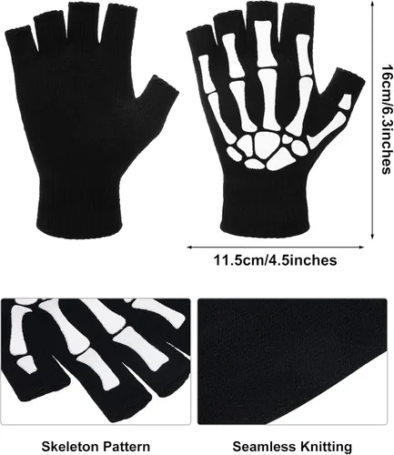 Vista 2 de SATINIOR Guantes de esqueleto sin dedos para mujeres y hombres, disfraz de Halloween, guantes de esqueleto unisex con diseño de hueso gótico