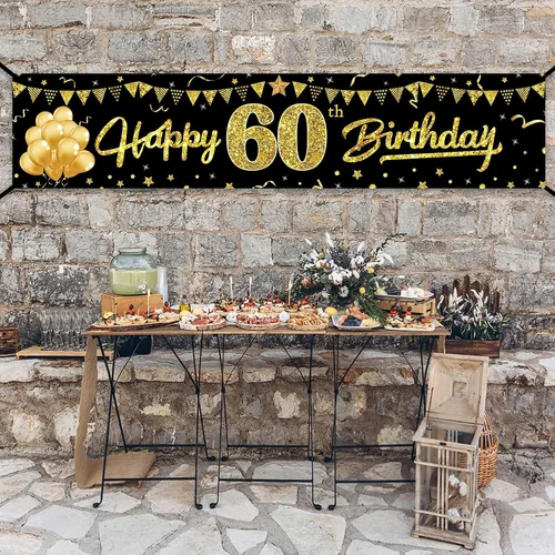 Vista 7 de Cartel de feliz cumpleaños 60 para hombres y mujeres, letrero de cumpleaños número 60 negro y dorado, suministros de fiesta para patio, divertida