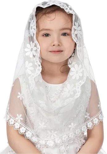 Vista 11 de PAMOR Velos infinitos de primera comunión para niñas velo capilla de encaje velo de mantilla velos de iglesia latina para bautismo católico Blanco B