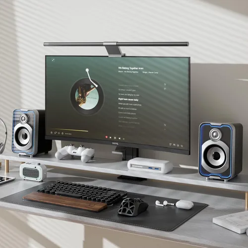 Vista 6 de SOULION Altavoces de computadora 2.0, altavoces de PC con cable Bluetooth de 10 W alimentados por USB con cápsula de fácil control para escritorio