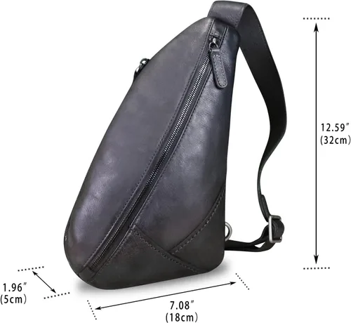 Vista 4 de LRTO Bolso de cuero genuino para mujeres y hombres, mochila de cuero vintage para el hombro, bolso cruzado en el pecho, Grisoscuro