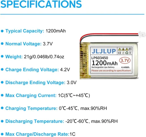 Vista 2 de Batería Lipo de 3.7 V 1200 mAh Baterías recargables de polímero de litio con cable PH 0.079 in Conector Circuito de protección integrado