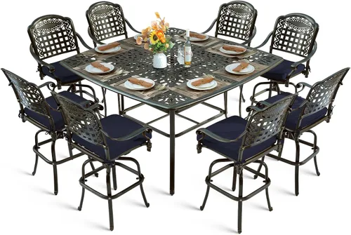Vista 31 de Juego de barra para exteriores de 10 piezas, muebles de bar de aluminio fundido para todo tipo de clima con 8 taburetes de bar giratorios Bronce