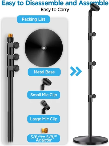 Vista 6 de Bietrun - Soporte de micrófono de base redonda, soporte de piso de metal ajustable resistente para cantar/iglesia/escenario con 2 clips universales