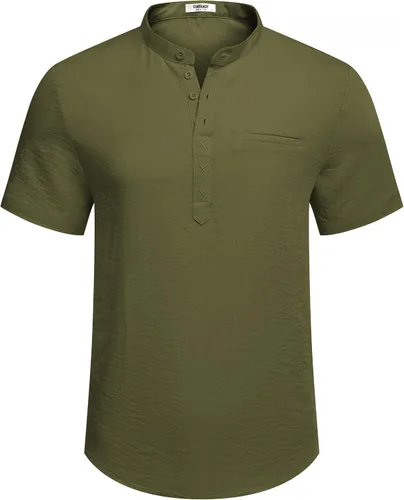 Vista 7 de COOFANDY Camisas Henley para hombre, cuello de banda, camisa de manga corta, casual, para verano, playa, hippie, camisa hawaiana de moda