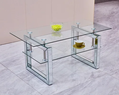 Vista 6 de Mesa de café moderna de vidrio para sala de estar, oficina, mesa de centro rectangular de 2 niveles de 39.4 pulgadas con patas espejadas, mesa