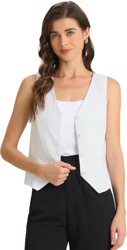 Vista 7 de Allegra K Chaleco para mujer, de verano, algodón, lino, sin mangas, con botones, cuello en V, totalmente forrado, chalecos recortados Negro