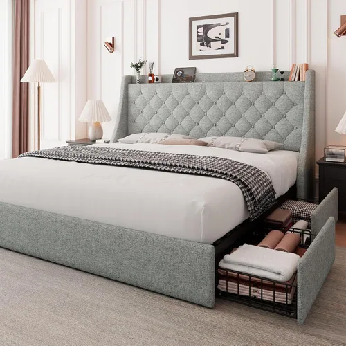 Vista 11 de Feonase - Base de cama tapizada tamaño matrimonial, 4 cajones para almacenar, puerto tipo C y USB, estación de carga, cabecera con respaldo capitoné