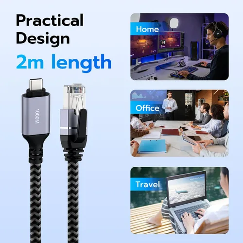 Vista 5 de Mcbazel Cable USB C a Ethernet 2M, adaptador de red de alta velocidad tipo C a RJ45, cable Gigabit Ethernet a USB C para portátiles, PC, iPad