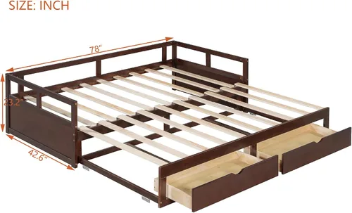 Vista 2 de MERITLINE Sofá cama con nido y dos cajones, sofá cama extensible para dormitorio, sala de estar, espresso