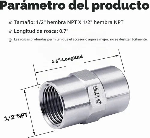 Vista 3 de 2 piezas de acoplamiento de acero inoxidable 304 de tubería fundida, rosca hembra NPT de 1/2 pulgada x 1/2 pulgada NPT hembra, adaptador de conector