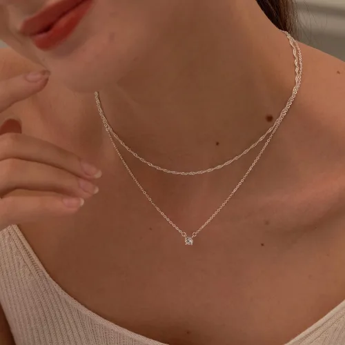Vista 4 de Tewiky Collares de diamantes para mujer, delicado collar de oro chapado en oro de 14 quilates, collar largo de lariat, collar de oro simple
