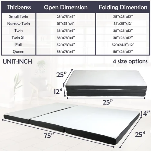 Vista 2 de Colchón plegable de 4 pulgadas, cubrecolchón de espuma viscoelástica de triple pliegue, cubrecolchón portátil de triple pliegue con funda lavable