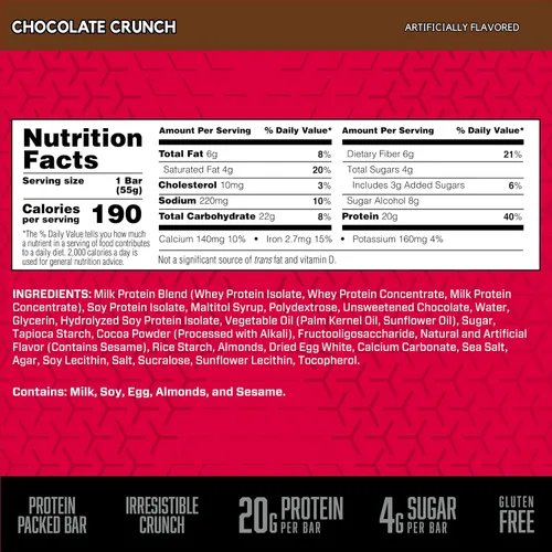 Vista 2 de BSN Protein Crisp Bar by Syntha-6 - Barra de proteína de suero bajo en azúcar, 1072751, Crunch de chocolate, 1