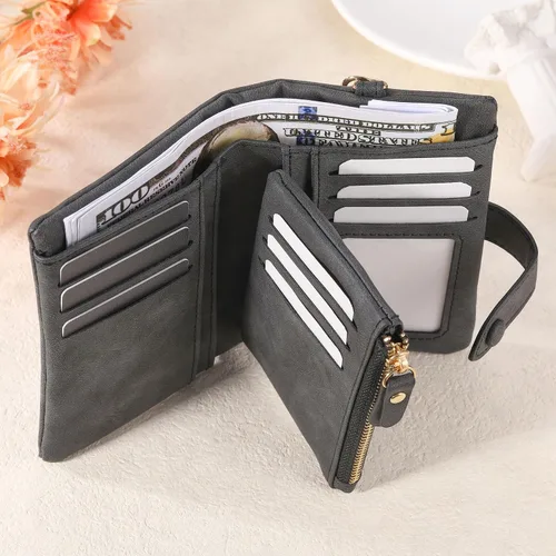 Vista 2 de Carteras de cuero personalizadas para mujer, con cremallera, monedero con correa para la muñeca, cartera pequeña para mujer con nombre de flor